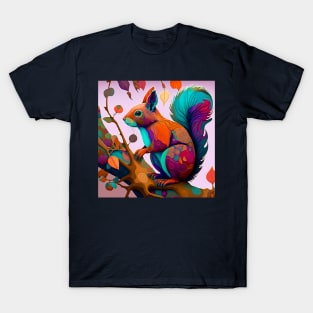 A whimsical, colorful squirrel perched on a branch T-Shirt